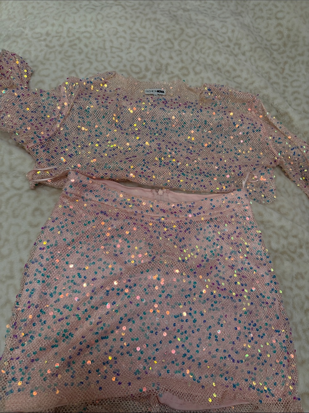 Fashion Nova Pink Sequin Mesh Two-Piece Set
